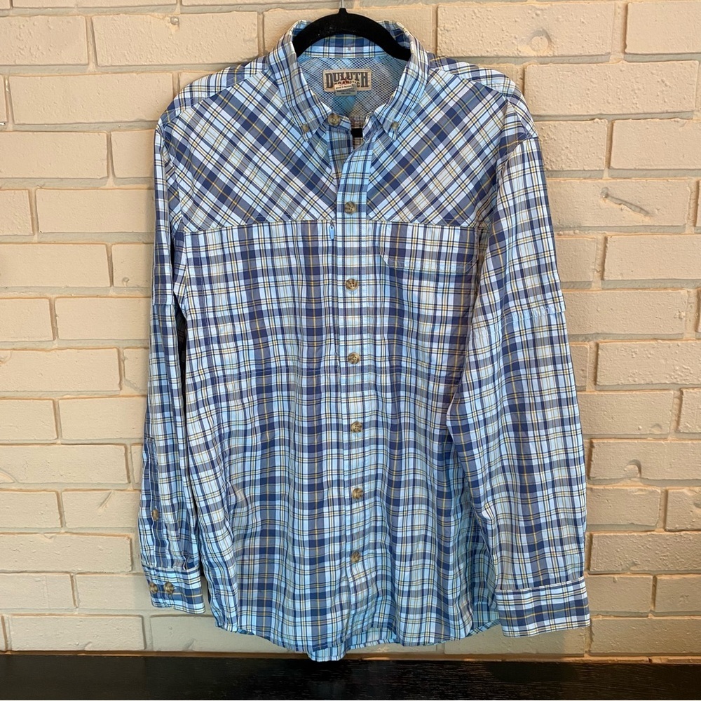 Duluth Trading Mens Armachillo Shirt Blue Cooling Roll Tab Sleeve Fishing Sz M
